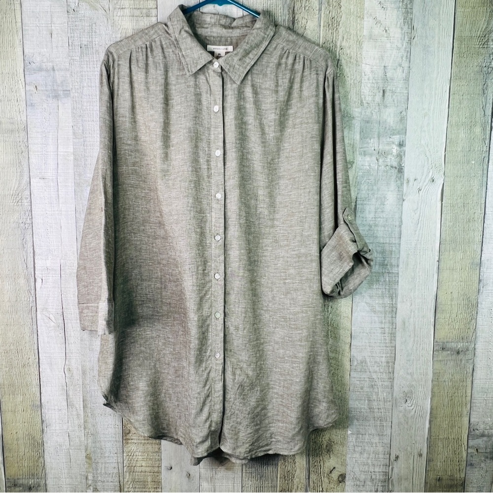 Westbound Size XL Olive Green Shirt Button Front Tabbed 3/4 Sleeves Linen Blend